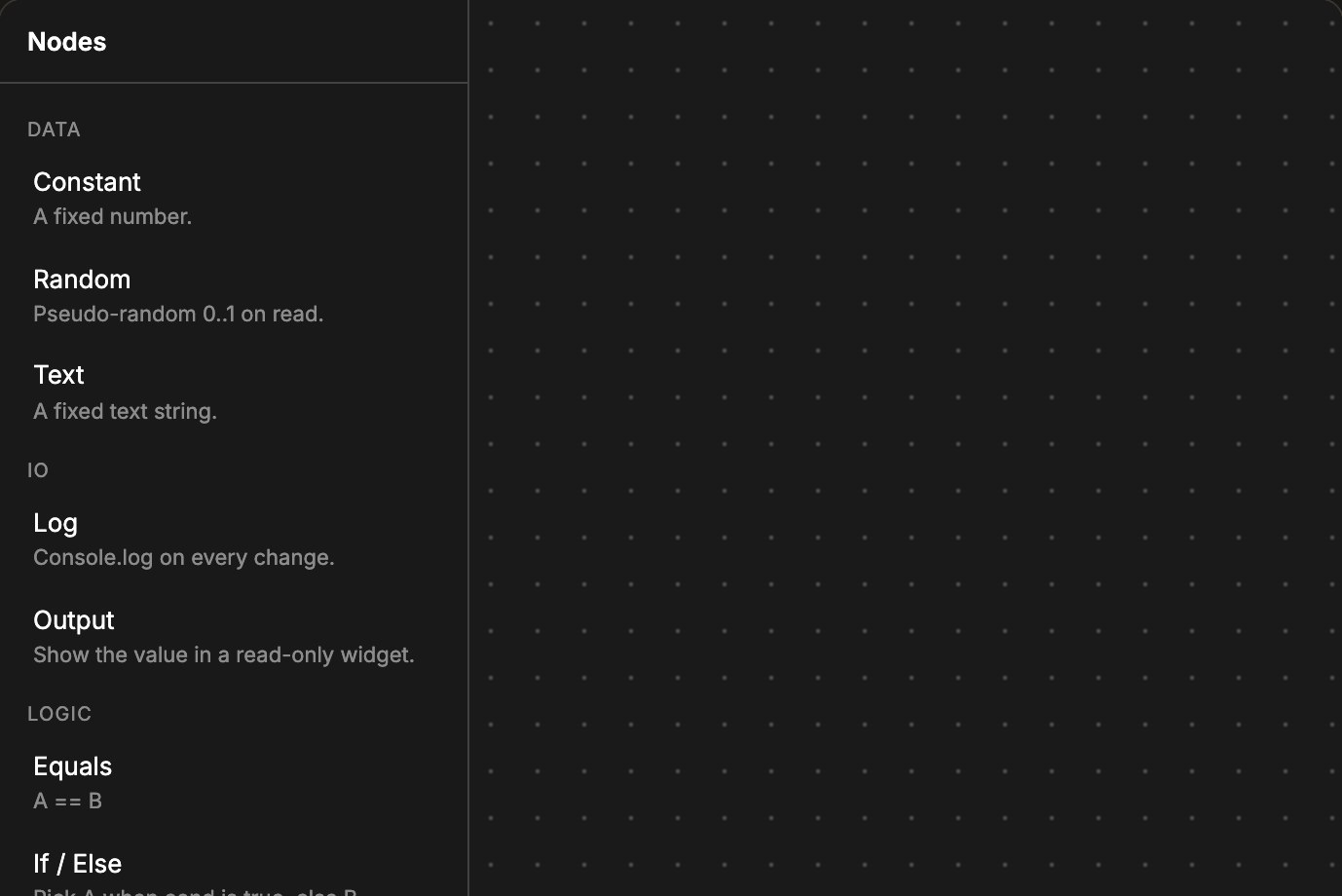 Palette sidebar (drag to spawn)